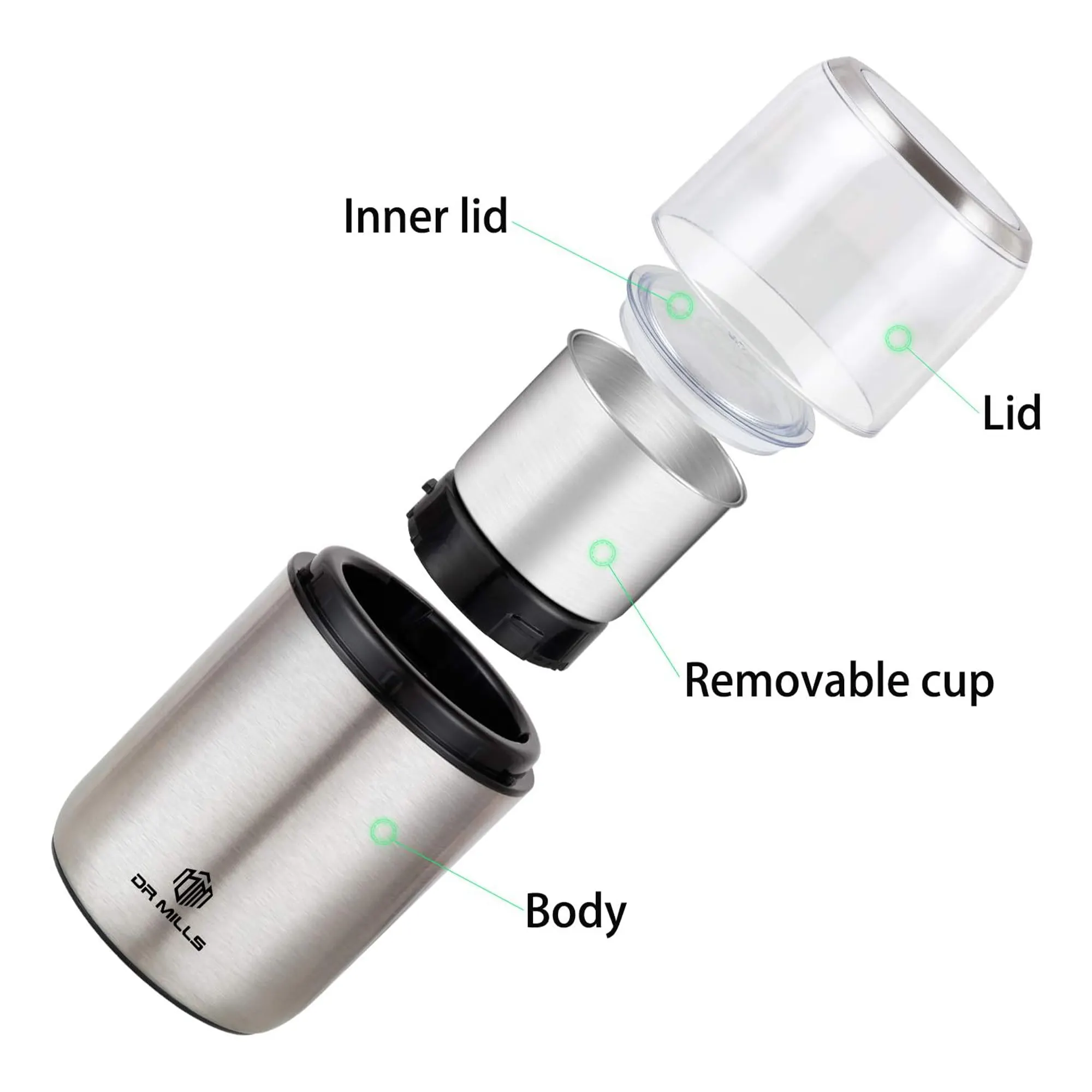 DR MILLS Electric Stainless Steel Dry and Wet Grinder for spices, coffee and paste DM7412M - Image 2