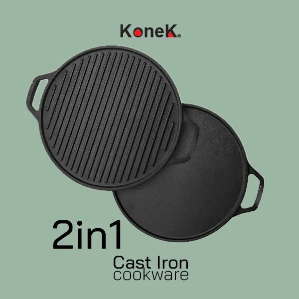 KONEK Cast Iron 2in1 Grill & Smooth surface Pan 30cm naturally non-stick KOP30-2in1