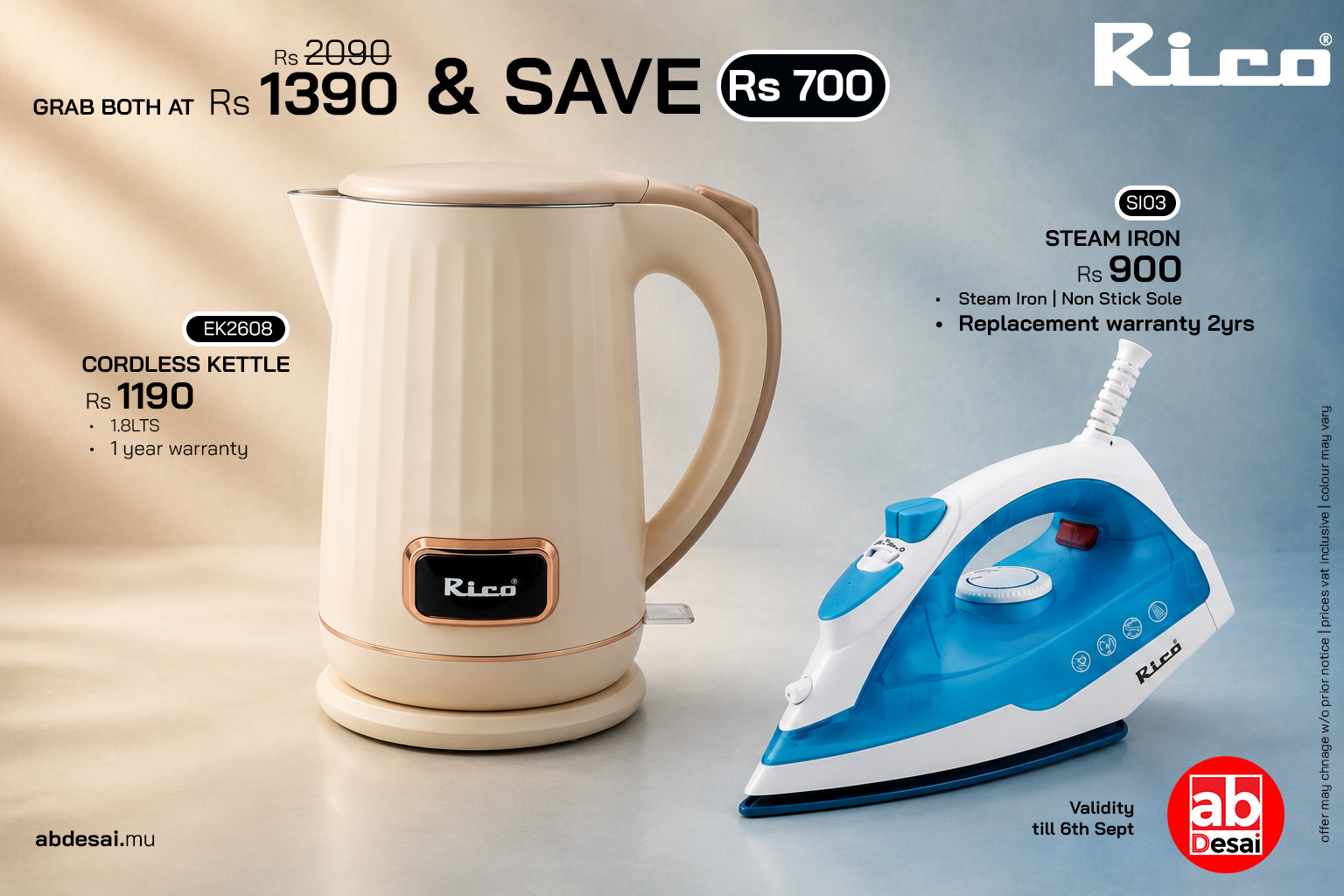 RICO Iron Steam SI03 + RICO EK2608 Cordless Kettle ( SAVE Rs 700 )