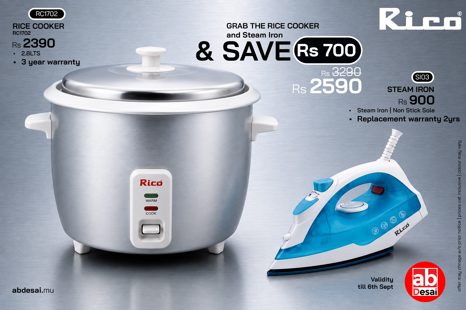 RICO Cooker RC1702 (2.8L) + Steam Iron SI03 (Save Rs 700)
