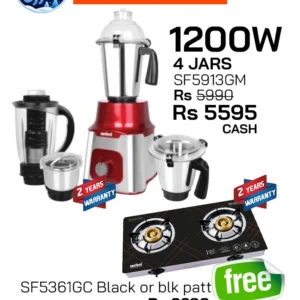 SANFORD Mixer Grinder 1200W SF5913GM (as per colour availability) + SF5361GC 2 burner tempered glass as per availablity of model