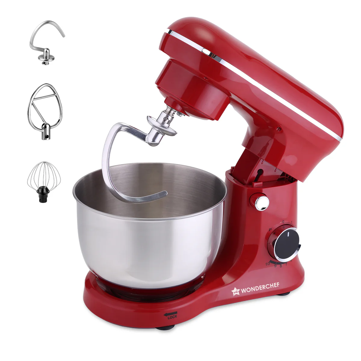 WONDERCHEF Regalia Neo Stand Mixer | 5.5L Stainless-steel Bowl | 10-speed Setting | 4 Attachments | Whisk, Whip, Beat, Mix | For Cake & Pizza Doughs, Creams, Salad Dressings, Eggs | 2 Year Warranty | Red WON796-63155128