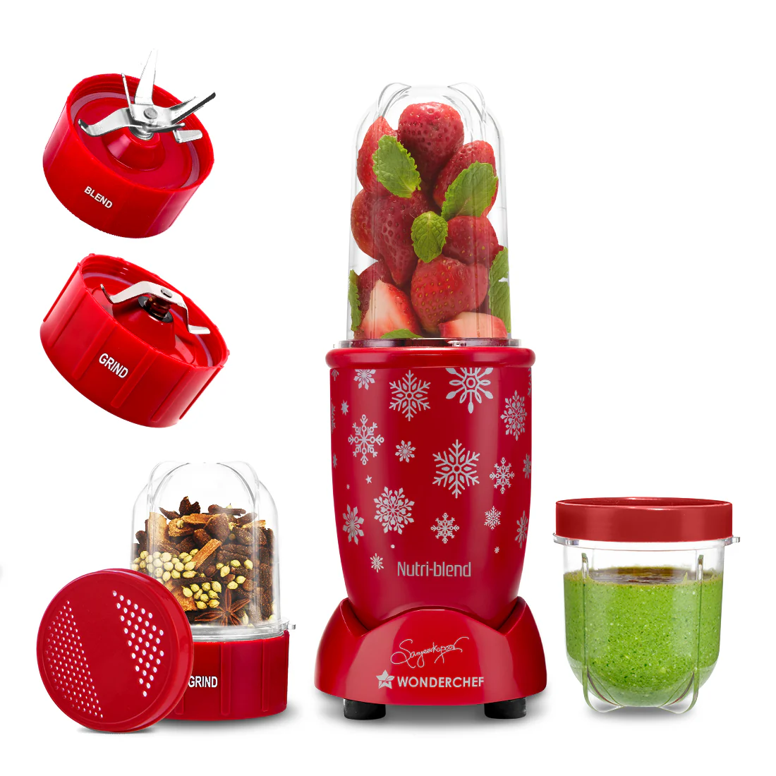 WONDERCHEF Nutri-blend Snowflakes 500W Mixer Grinder, 22000 RPM, Smoothie Maker-Masala-Chutney Grinder, 3 Unbreakable Jars, Limited Edition, Recipe Book by Chef Sanjeev Kapoor, 2 Yr Warranty, Red