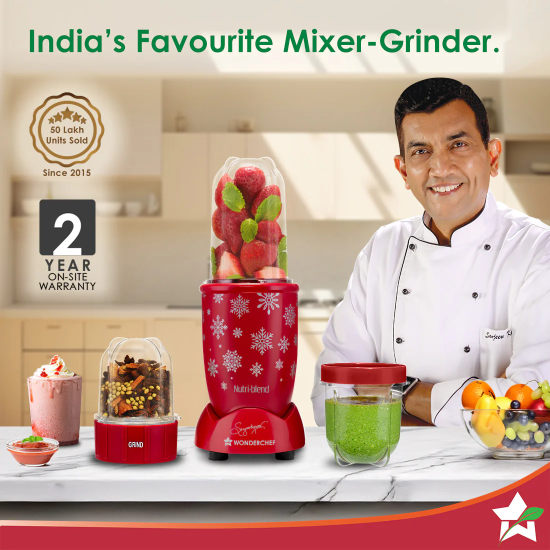 WONDERCHEF Nutri-blend Snowflakes 500W Mixer Grinder, 22000 RPM, Smoothie Maker-Masala-Chutney Grinder, 3 Unbreakable Jars, Limited Edition, Recipe Book by Chef Sanjeev Kapoor, 2 Yr Warranty, Red - Image 2