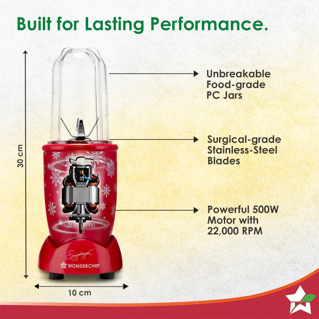 WONDERCHEF Nutri-blend Snowflakes 500W Mixer Grinder, 22000 RPM, Smoothie Maker-Masala-Chutney Grinder, 3 Unbreakable Jars, Limited Edition, Recipe Book by Chef Sanjeev Kapoor, 2 Yr Warranty, Red - Image 3