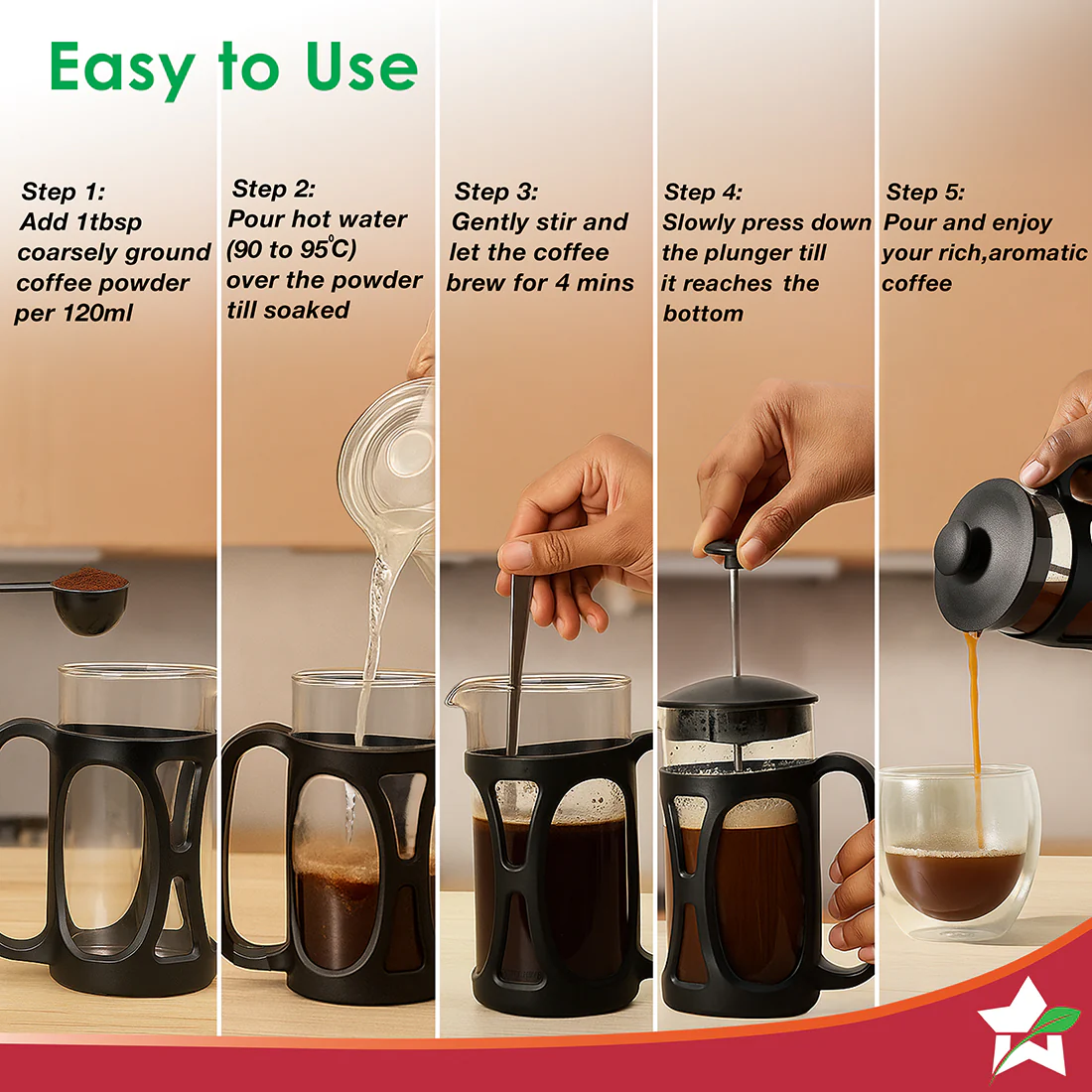 WONDERCHEF French Press Coffee Maker 600 ml | Heat Resistant Borosilicate Glass Carafe | 18/8 Stainless Steel 4 -Level Strainer System| Brew in 3 Mins | 1 Year Warranty WON805-63155208 - Image 5