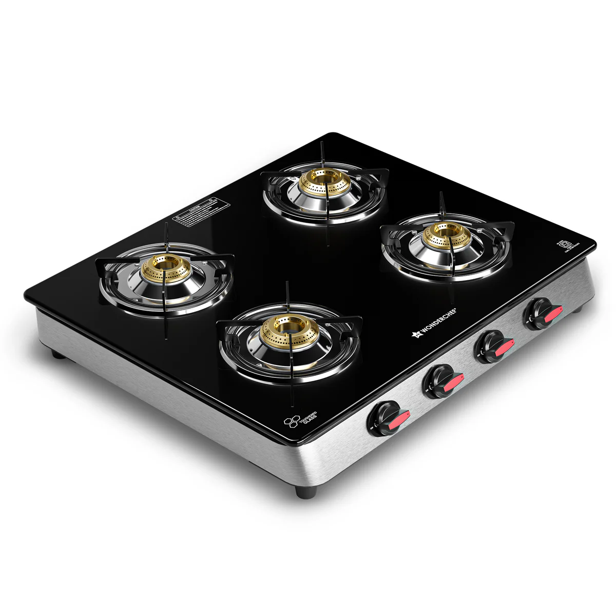 WONDERCHEF Galaxy Auto-Ignition 4 Brass Burner Gas Stove, LPG Gas Stove for Kitchen, No Lighter Needed, ISI Toughened Glass Surface, SS Frame, Spill-proof Design, Ergonomic Knobs, 2-Yr Warranty WON808-63155164
