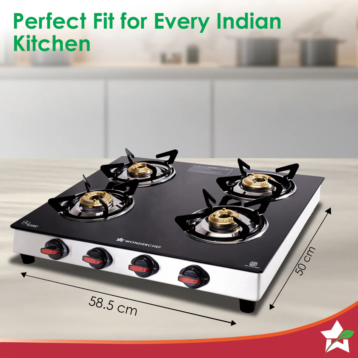 WONDERCHEF Galaxy Auto-Ignition 4 Brass Burner Gas Stove, LPG Gas Stove for Kitchen, No Lighter Needed, ISI Toughened Glass Surface, SS Frame, Spill-proof Design, Ergonomic Knobs, 2-Yr Warranty WON808-63155164 - Image 5