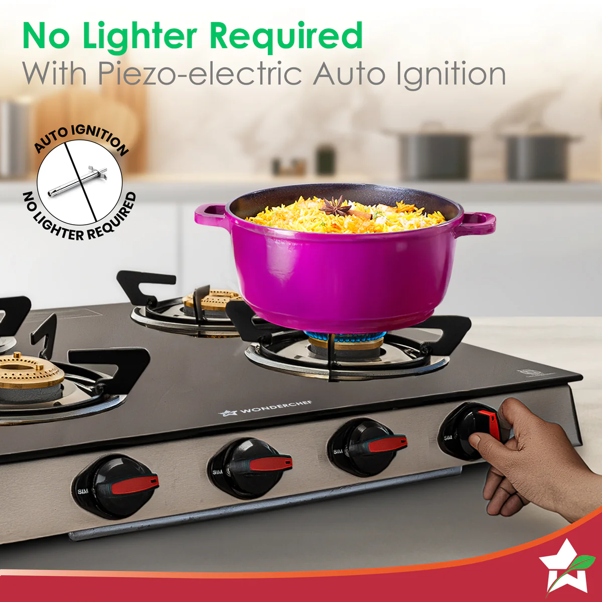 WONDERCHEF Galaxy Auto-Ignition 4 Brass Burner Gas Stove, LPG Gas Stove for Kitchen, No Lighter Needed, ISI Toughened Glass Surface, SS Frame, Spill-proof Design, Ergonomic Knobs, 2-Yr Warranty WON808-63155164 - Image 4