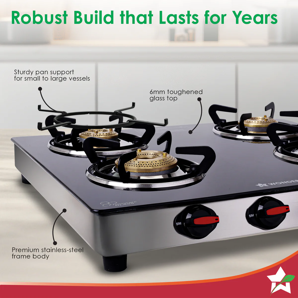 WONDERCHEF Galaxy Auto-Ignition 4 Brass Burner Gas Stove, LPG Gas Stove for Kitchen, No Lighter Needed, ISI Toughened Glass Surface, SS Frame, Spill-proof Design, Ergonomic Knobs, 2-Yr Warranty WON808-63155164 - Image 3