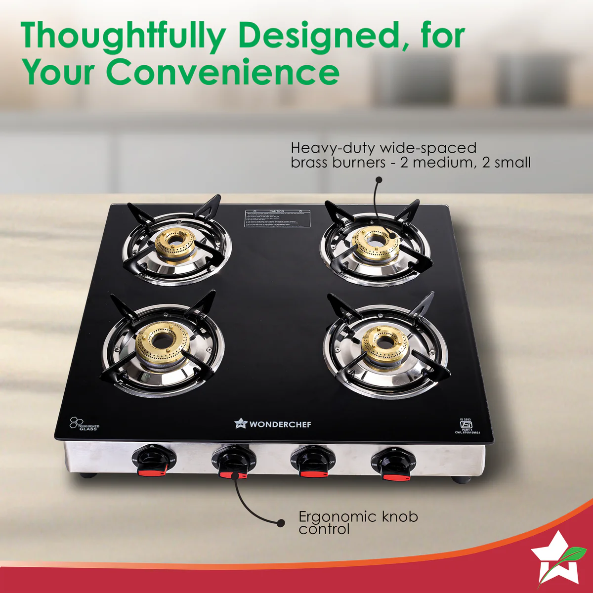 WONDERCHEF Galaxy Auto-Ignition 4 Brass Burner Gas Stove, LPG Gas Stove for Kitchen, No Lighter Needed, ISI Toughened Glass Surface, SS Frame, Spill-proof Design, Ergonomic Knobs, 2-Yr Warranty WON808-63155164 - Image 2