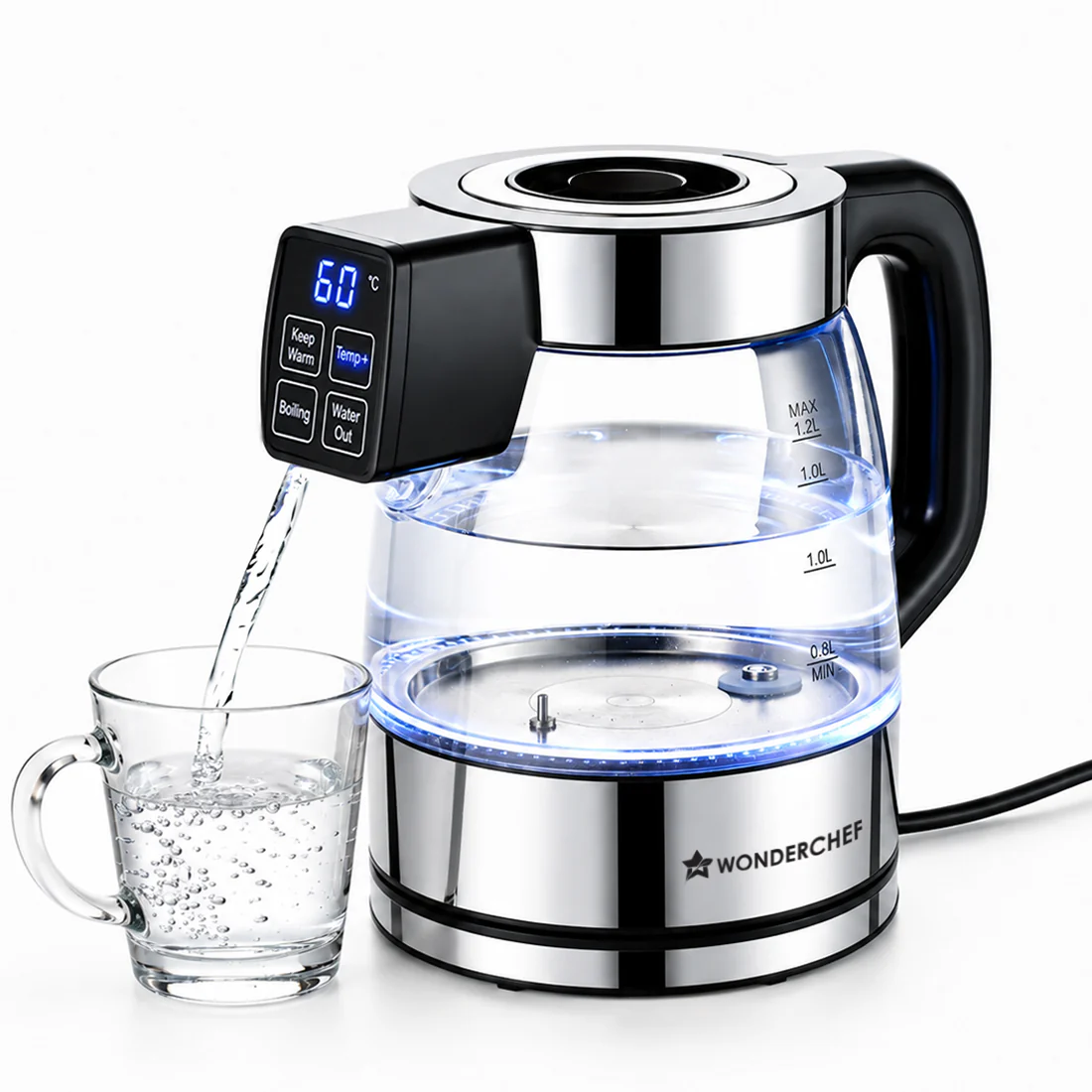 WONDERCHEF Crystal Tap & Flow Glass Kettle & Hot Water Dispenser, 1.7 L Borosilicate Glass Jar, Built-in Battery, Temperature Sensor & Control, Multi-purpose, Portable inside Homes, 1-Yr Warranty WON809-63155226