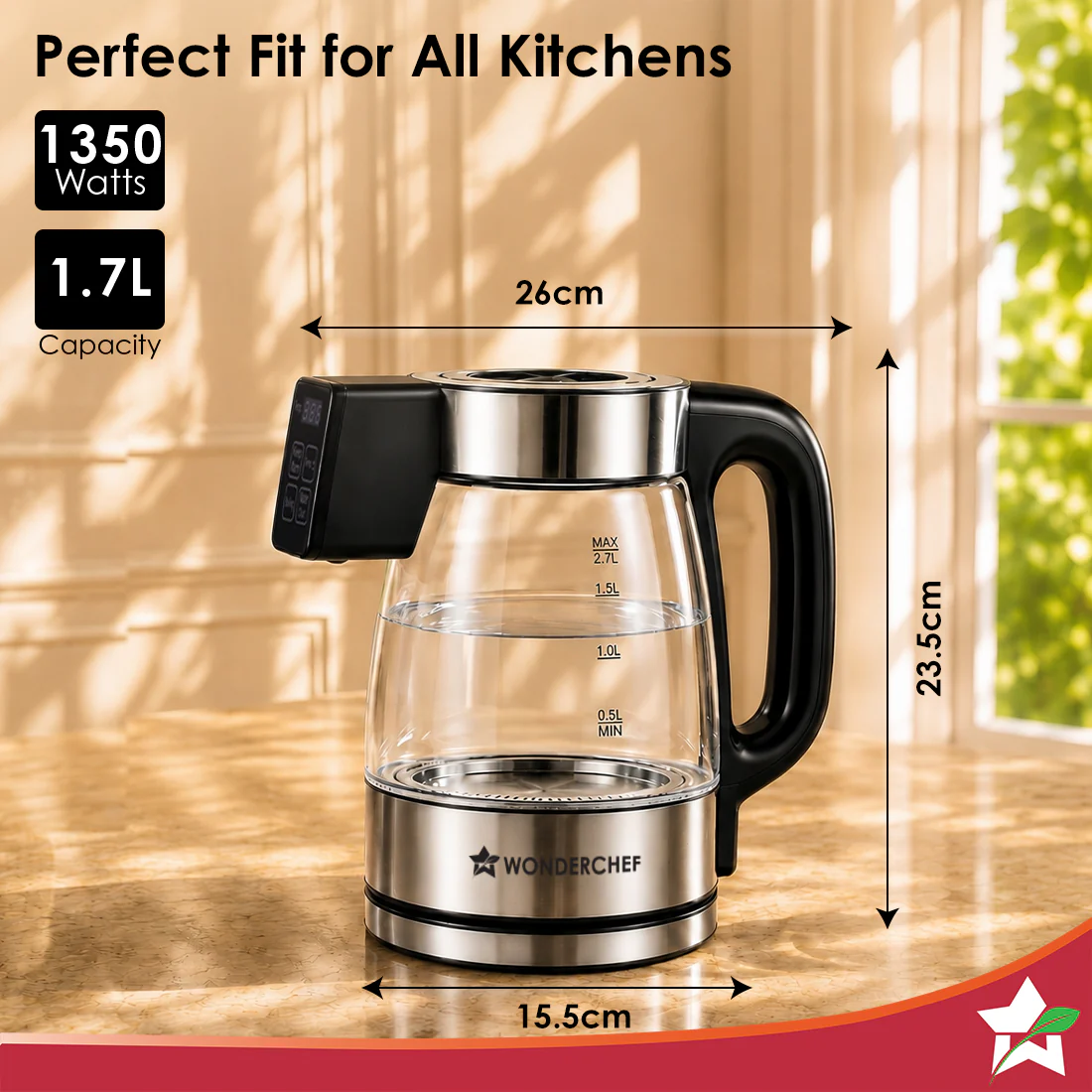 WONDERCHEF Crystal Tap & Flow Glass Kettle & Hot Water Dispenser, 1.7 L Borosilicate Glass Jar, Built-in Battery, Temperature Sensor & Control, Multi-purpose, Portable inside Homes, 1-Yr Warranty WON809-63155226 - Image 2