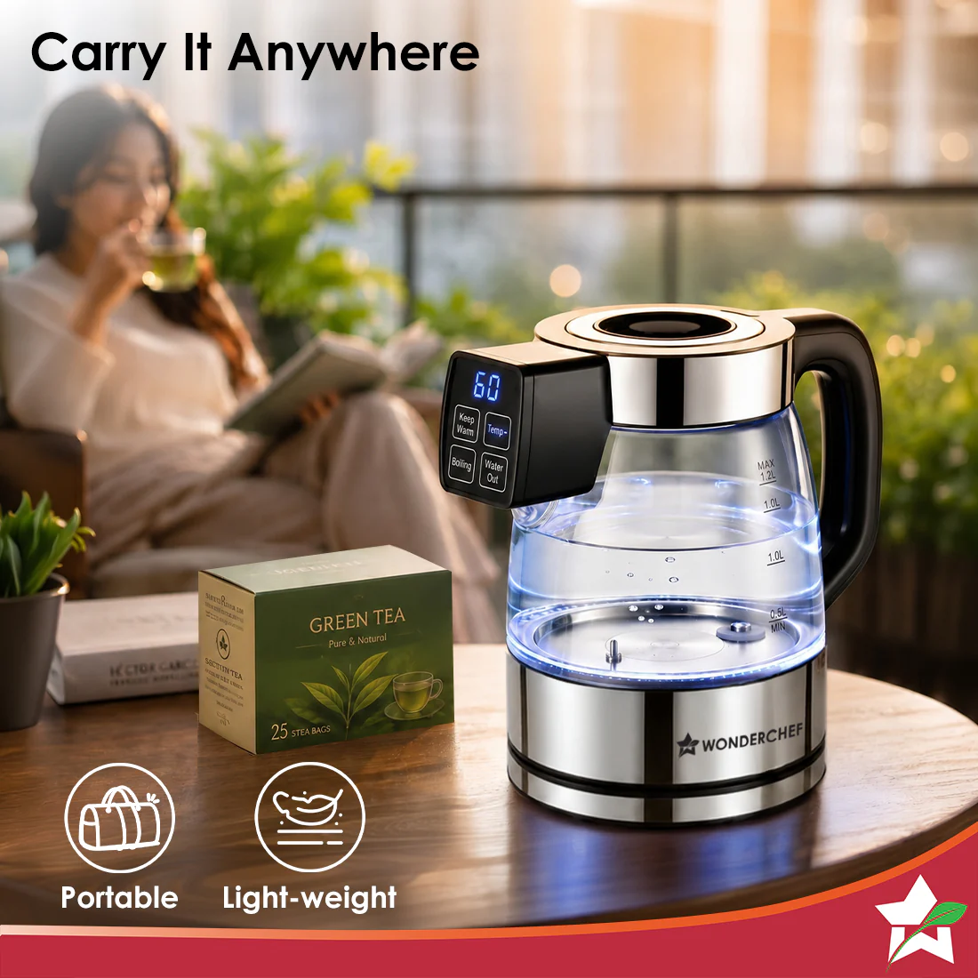 WONDERCHEF Crystal Tap & Flow Glass Kettle & Hot Water Dispenser, 1.7 L Borosilicate Glass Jar, Built-in Battery, Temperature Sensor & Control, Multi-purpose, Portable inside Homes, 1-Yr Warranty WON809-63155226 - Image 8