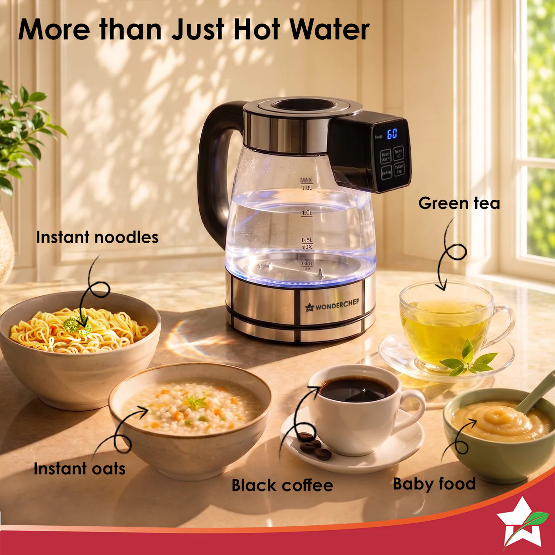WONDERCHEF Crystal Tap & Flow Glass Kettle & Hot Water Dispenser, 1.7 L Borosilicate Glass Jar, Built-in Battery, Temperature Sensor & Control, Multi-purpose, Portable inside Homes, 1-Yr Warranty WON809-63155226 - Image 6