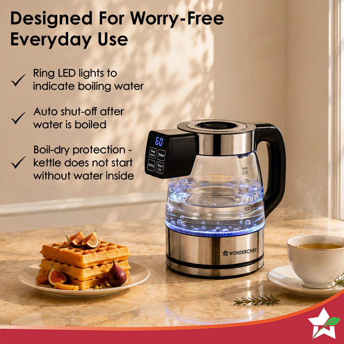 WONDERCHEF Crystal Tap & Flow Glass Kettle & Hot Water Dispenser, 1.7 L Borosilicate Glass Jar, Built-in Battery, Temperature Sensor & Control, Multi-purpose, Portable inside Homes, 1-Yr Warranty WON809-63155226 - Image 5