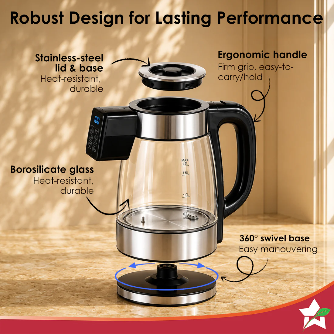WONDERCHEF Crystal Tap & Flow Glass Kettle & Hot Water Dispenser, 1.7 L Borosilicate Glass Jar, Built-in Battery, Temperature Sensor & Control, Multi-purpose, Portable inside Homes, 1-Yr Warranty WON809-63155226 - Image 4
