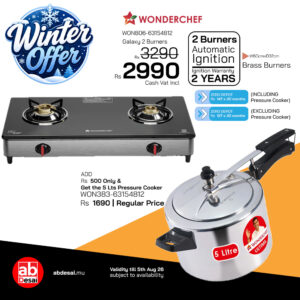 WONDERCHEF Galaxy 2 Burner Auto Gas Stove | 6mm Toughened Glass | Piezo Auto Ignition | 2 Years Warranty WON806-63154812 + WON383 5L Induction Pressure Cooker worth Rs 1690