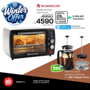 WONDERCHEF Digital OTG Oven Toaster Griller Rotisserie, 23 L with Digital Display, 9 Pre-set Functions, Adjustable Time & Temperature, 230⁰ C - 2 Hour Timer, Heat-resistant Glass Window, 2-Yr Warranty WON802-63155199 + FREE WON805 French Press worth Rs 690