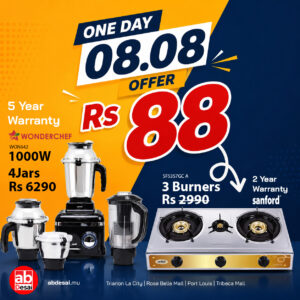 One day offer at Rs 88 (Wonderchef Mixer grinder , on the purchase of the Wonderchef 1000W, pay Rs 88 and get the Sanford Gas Stove) , Invest Rs 6378 , SAVE Rs 2902