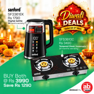 SANFORD Gas Stove Double Burner Tempered Glass SF5361GC Black + Sanford Premium DIgtial Kettle SF3361EK worth Rs 1790