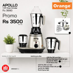 ORANGE Mixer Grinder APOLLO 1HP (ORA167) + OPTION IDLIPOT20PCS + SPICEBOX