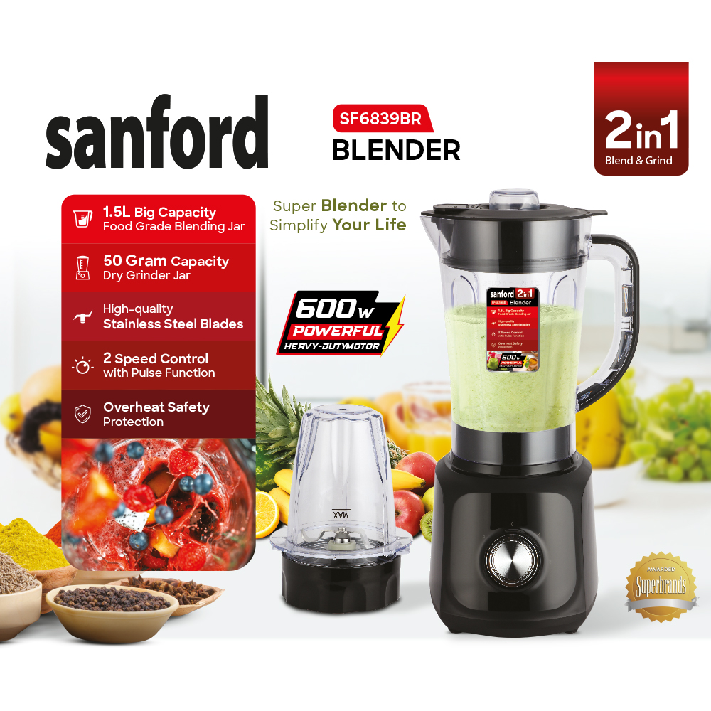 Sanford 2-in-1 Blender and Grinder 600W 1.5L Jar 50g Dry Grinder 2 Speed Pulse - SF6839BR - Image 5