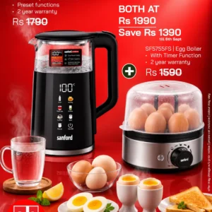 SANFORD Bundle 7 Egg Boiler with Stainless Steel Bowl and Timer Function SF5755FS + 1.7L Digital Electric Kettle with Touch Display and 7 Preset Programs SF3361EK ( Save Rs 1390 )
