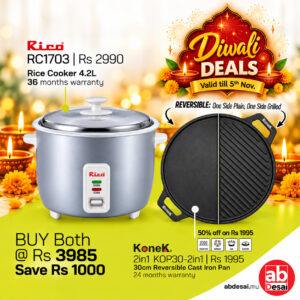 OctBundle26 RICO Rice Cooker RC1703 4.2Lt 36 months warranty Rs 2990 + 50% discount on KONEK 2in1 KOP30-2in1 Cast Iron Pan worth Normal Price Rs 1995