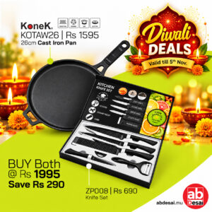 Diwali Offer Bundle KONEK Cast Iron Pan 26cm with long handle naturally non-stick KOTAW26 Rs 1595 + Knife Set ZP008 Rs 690