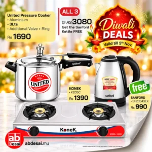 Divali offer UNITED Pressure Cooker 3Lts + Konek Gas Stove K205C +SF3343EK